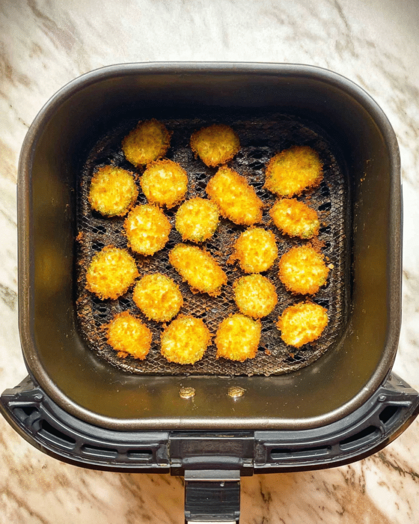 Golden crispy pickles cooking in air fryer basket