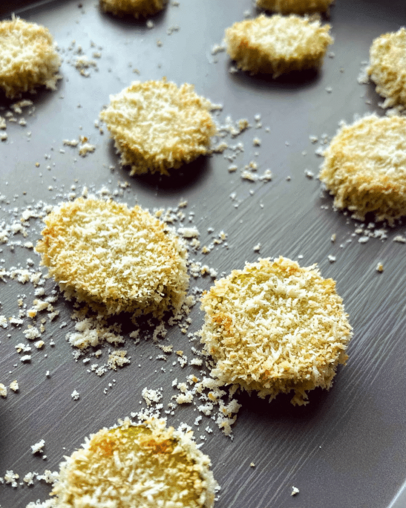 Breaded pickle slices coated in panko ready for air fryer fried pickles