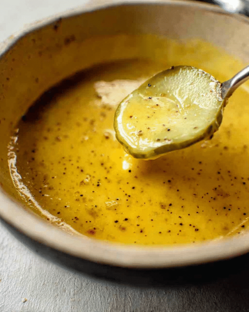 Pickle slice dipped into golden egg wash for air fryer fried pickles