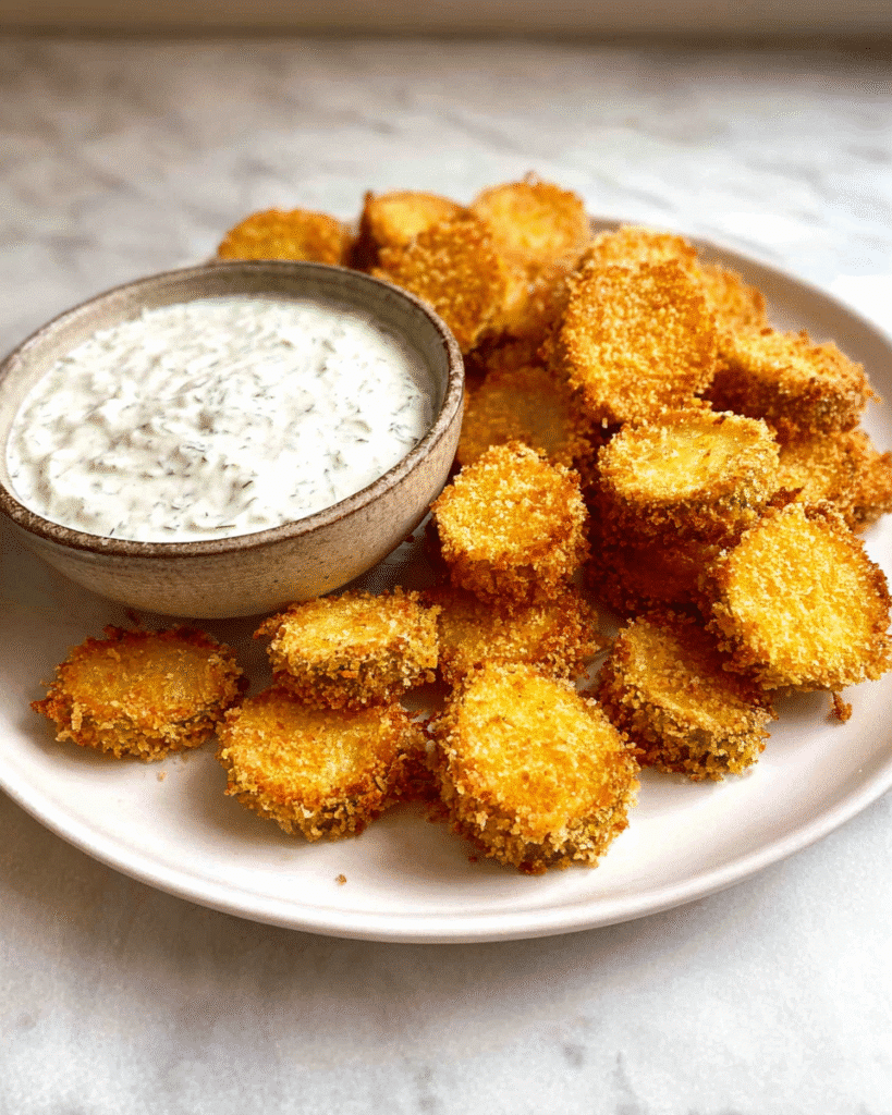 Crispy air fryer fried pickles with creamy dipping sauce on a plate