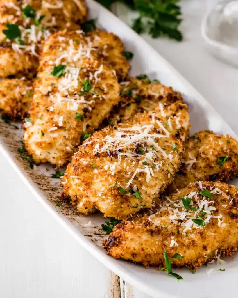Platter of crispy air fryer parmesan-crusted chicken with parsley and cheese