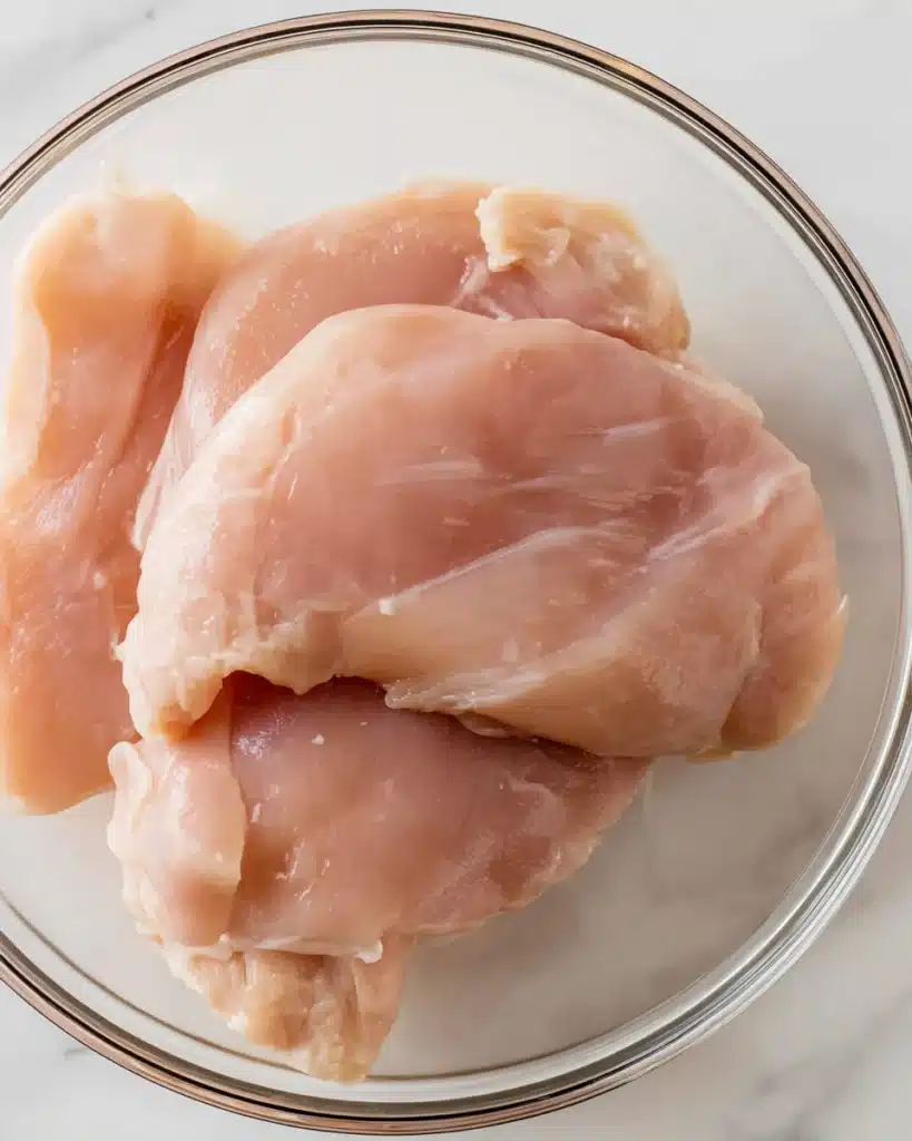 Raw boneless skinless chicken breasts in a glass bowl