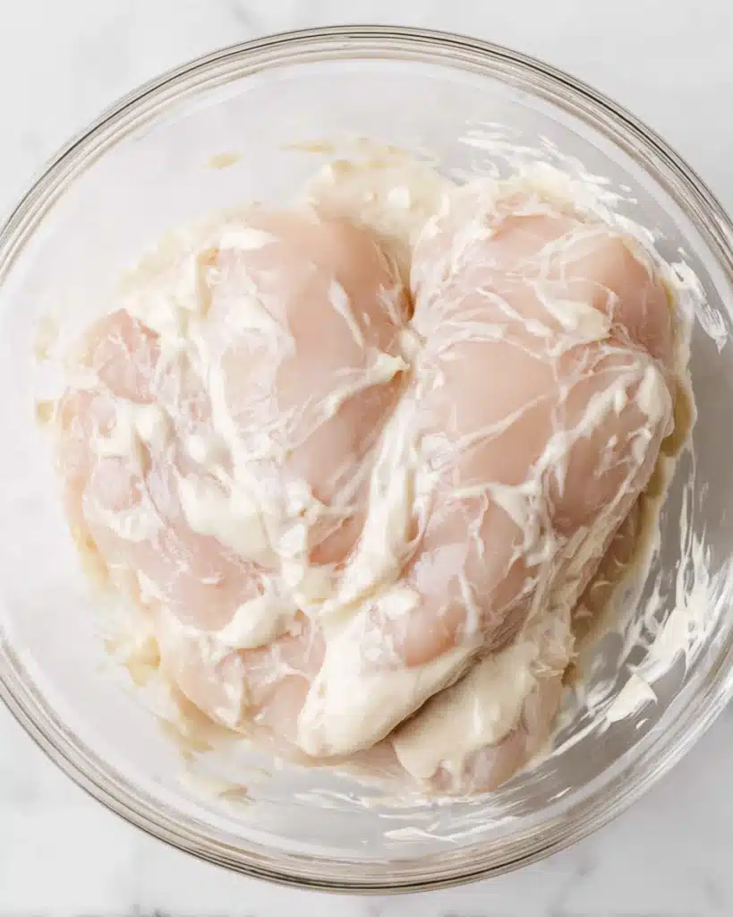 Chicken breasts coated in garlic mayonnaise in a glass bowl