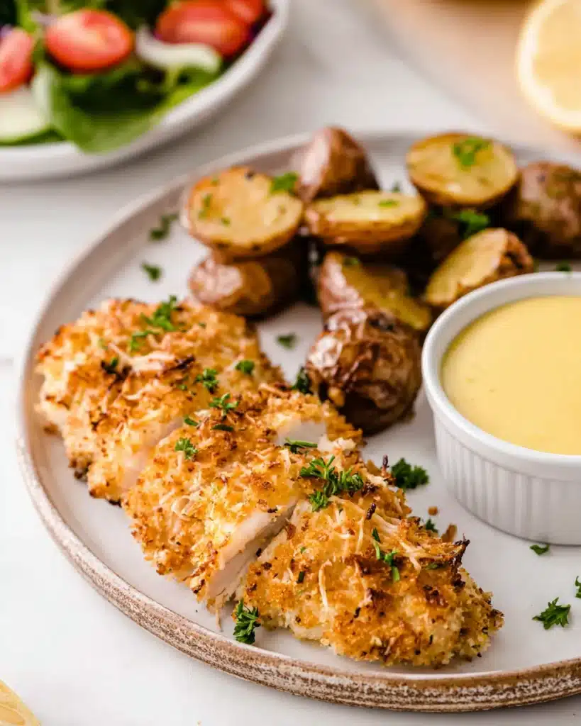 Crispy air fryer parmesan-crusted chicken with roasted potatoes and dipping sauce