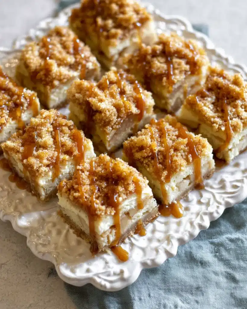 Apple Cheesecake Bars with streusel and caramel drizzle on serving platter