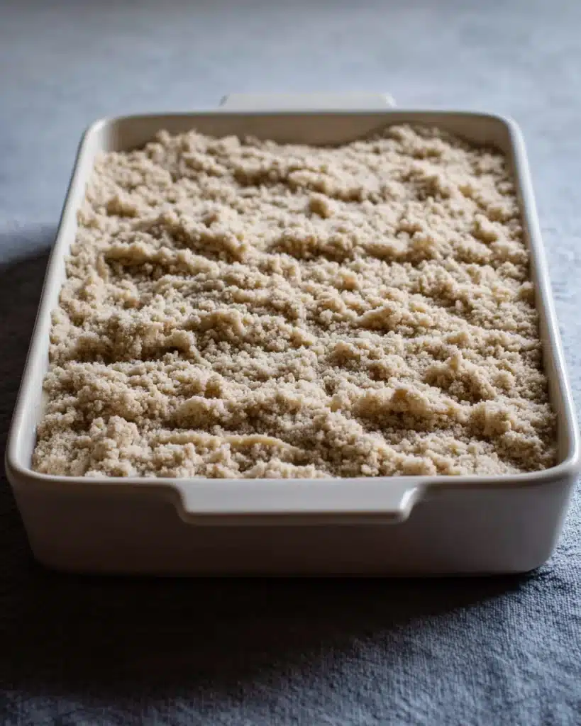 Unbaked Apple Cheesecake Bars topped with streusel in baking dish