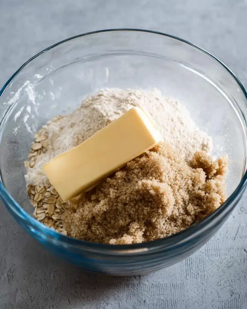 Butter, oats, and brown sugar for streusel topping in Apple Cheesecake Bars