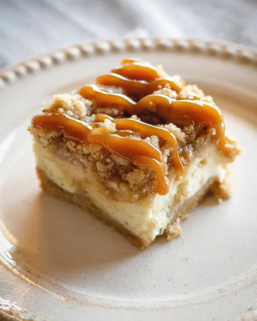 Caramel-drizzled apple cheesecake bar with streusel topping on plate