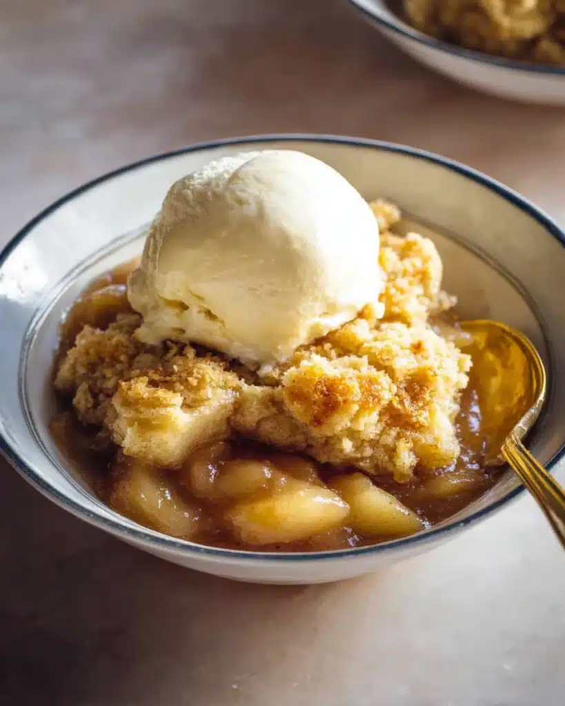 Easy Apple Cobbler Recipe (Perfect for Thanksgiving) 1 Apple cobbler with golden topping and vanilla ice cream in a bowl