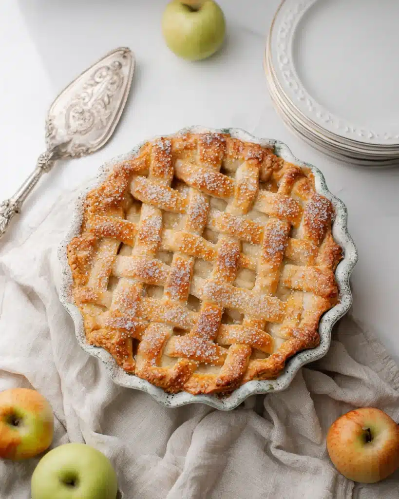 Apple Pie Recipe – Classic Thanksgiving Dessert 5 Golden lattice apple pie with sugar crust on gingham cloth