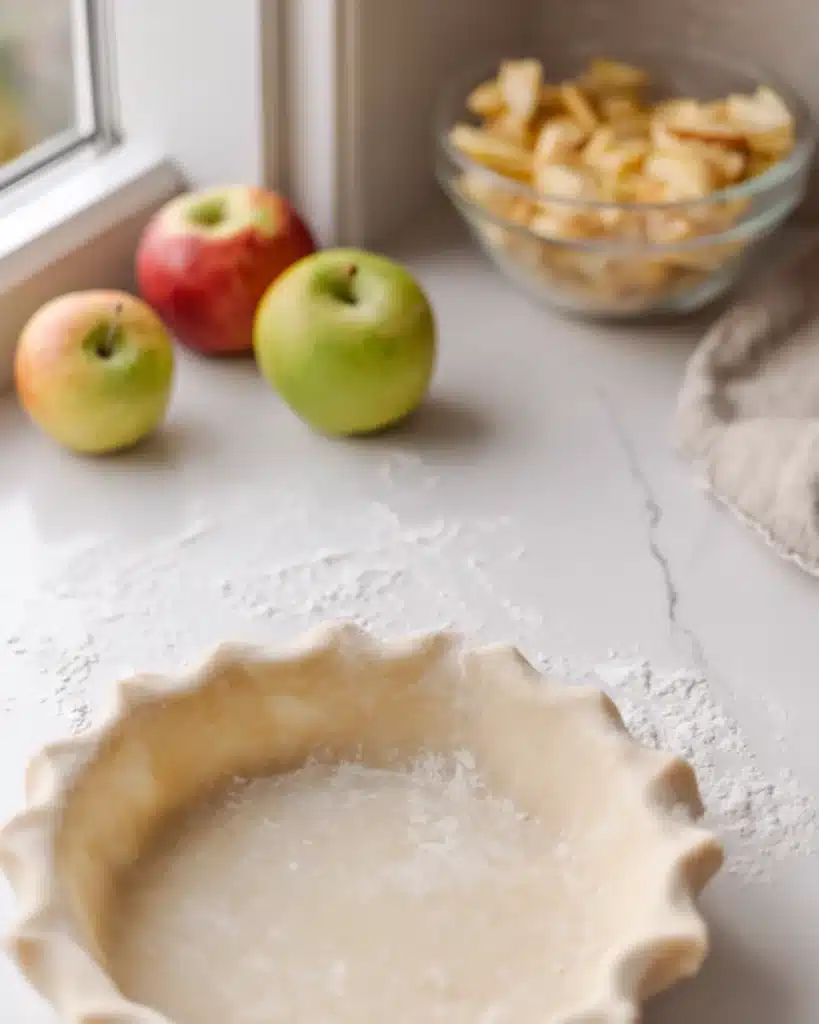 Apple Pie Recipe – Classic Thanksgiving Dessert 2 Unbaked apple pie crust in dish with fresh apples and filling