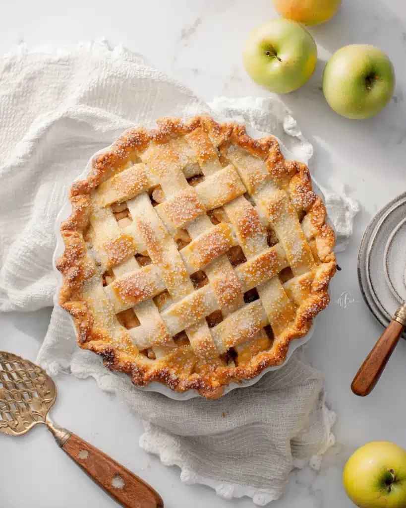 Apple Pie Recipe – Classic Thanksgiving Dessert 1 Golden lattice apple pie with sugar topping and fresh apples on white table