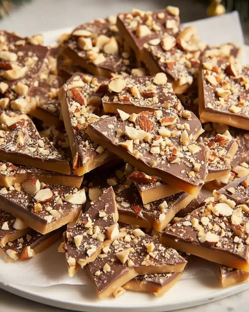 Broken pieces of best toffee ever with chocolate and chopped nuts