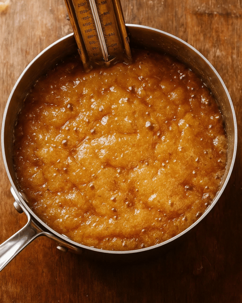 Bubbling amber toffee mixture with candy thermometer in saucepan