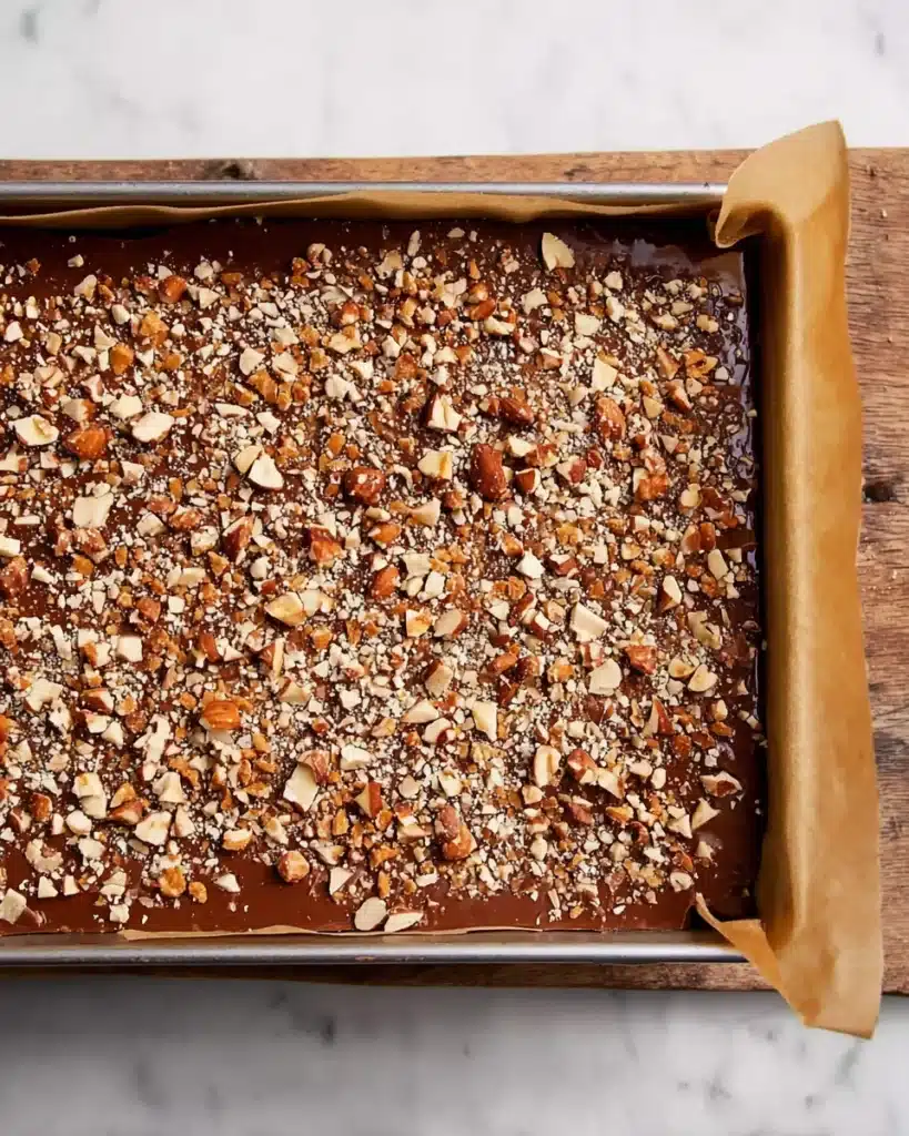Toffee topped with melted chocolate and chopped nuts in baking sheet