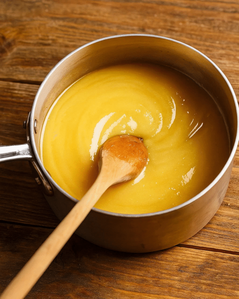 Glossy butter and sugar mixture in saucepan for best toffee ever recipe