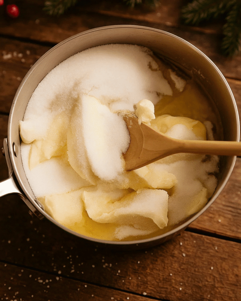 Butter and sugar in saucepan with wooden spoon for best toffee ever recipe