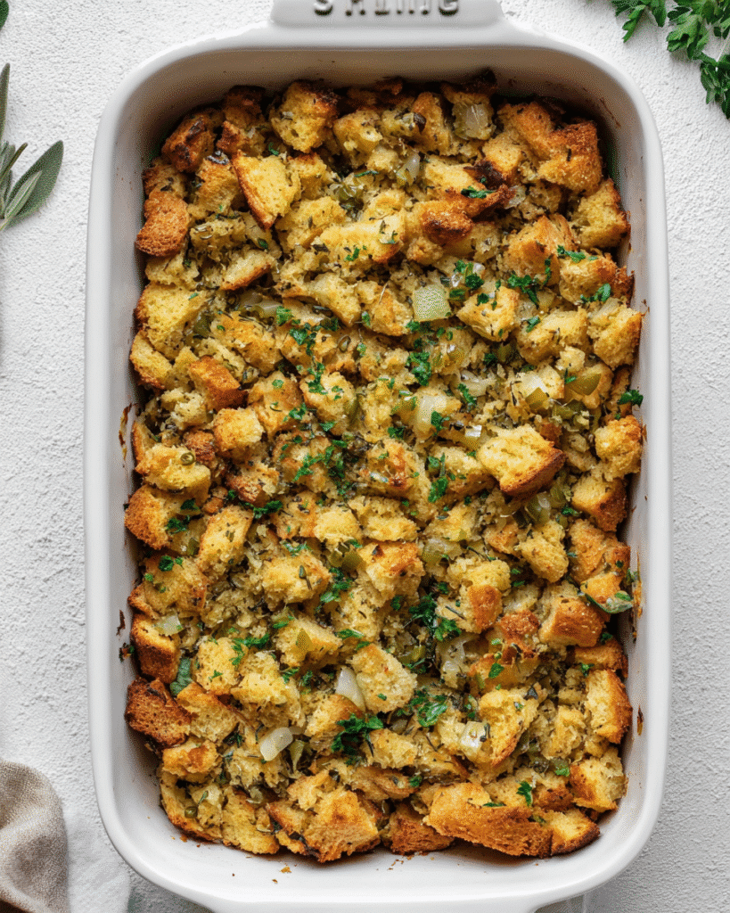 Golden buttery herb stuffing in a white baking dish with crispy bread cubes and herbs