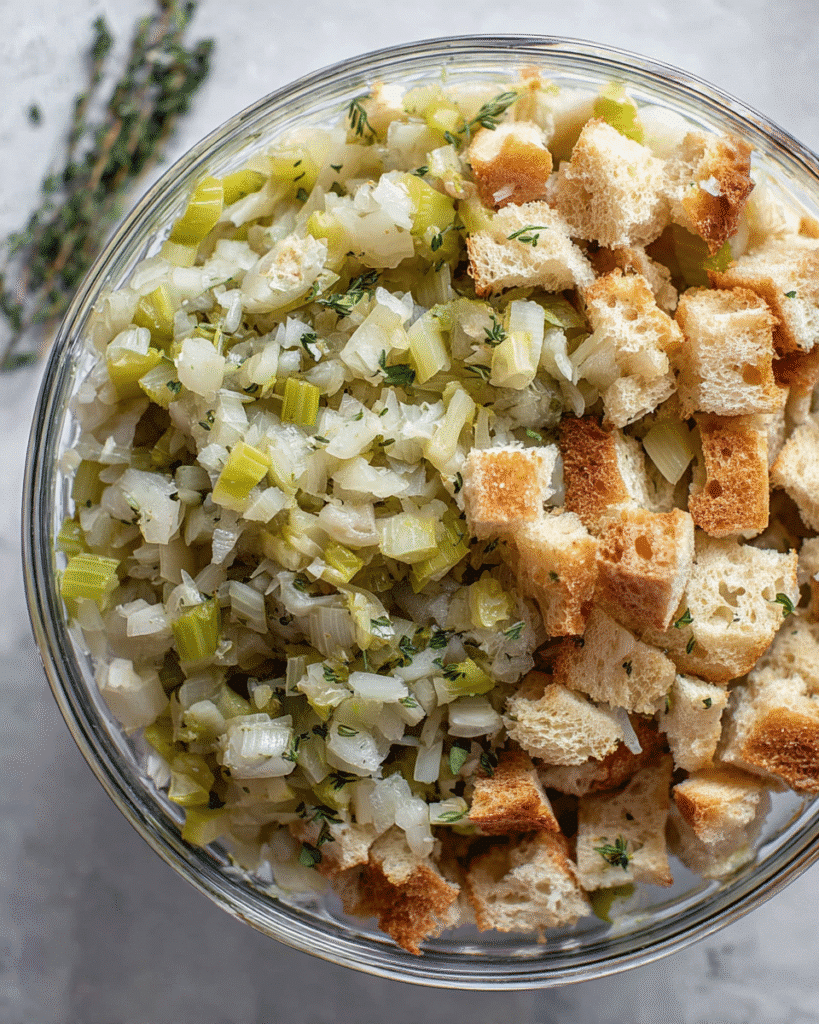 Bread cubes mixed with sautéed onions, celery, and herbs for buttery herb stuffing