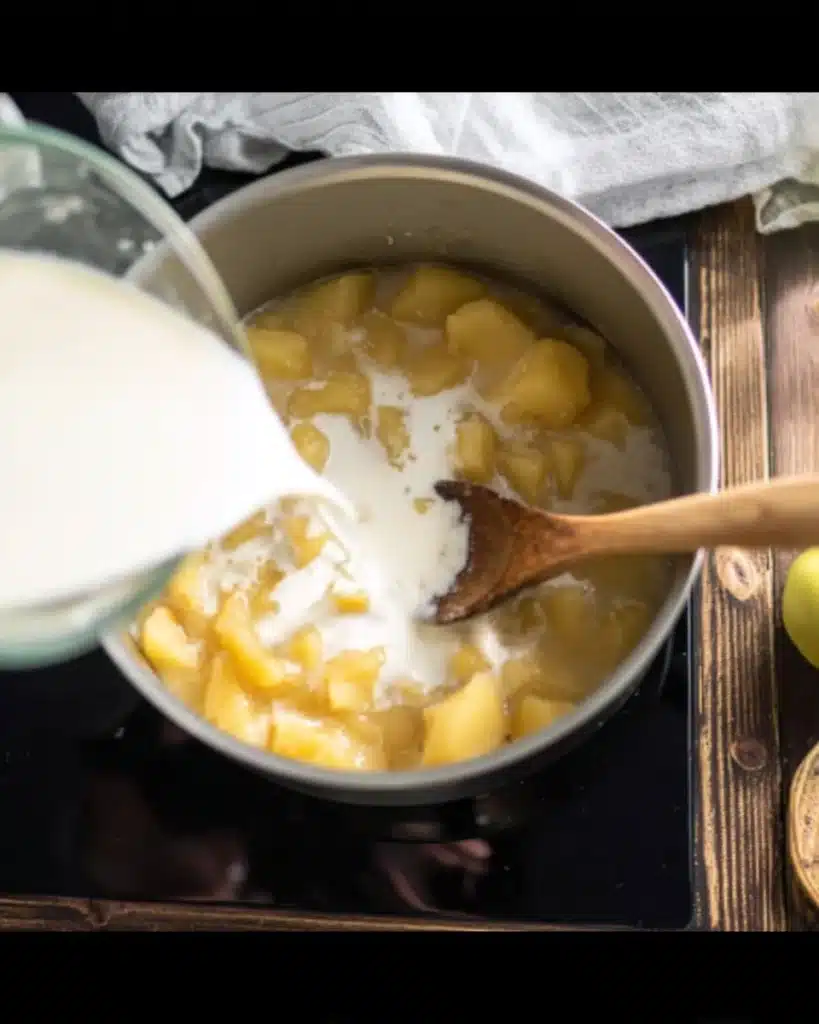 Cheddar Cheese Potato Soup Recipe 5 Pouring milk into pot of potatoes and broth for cheese soup