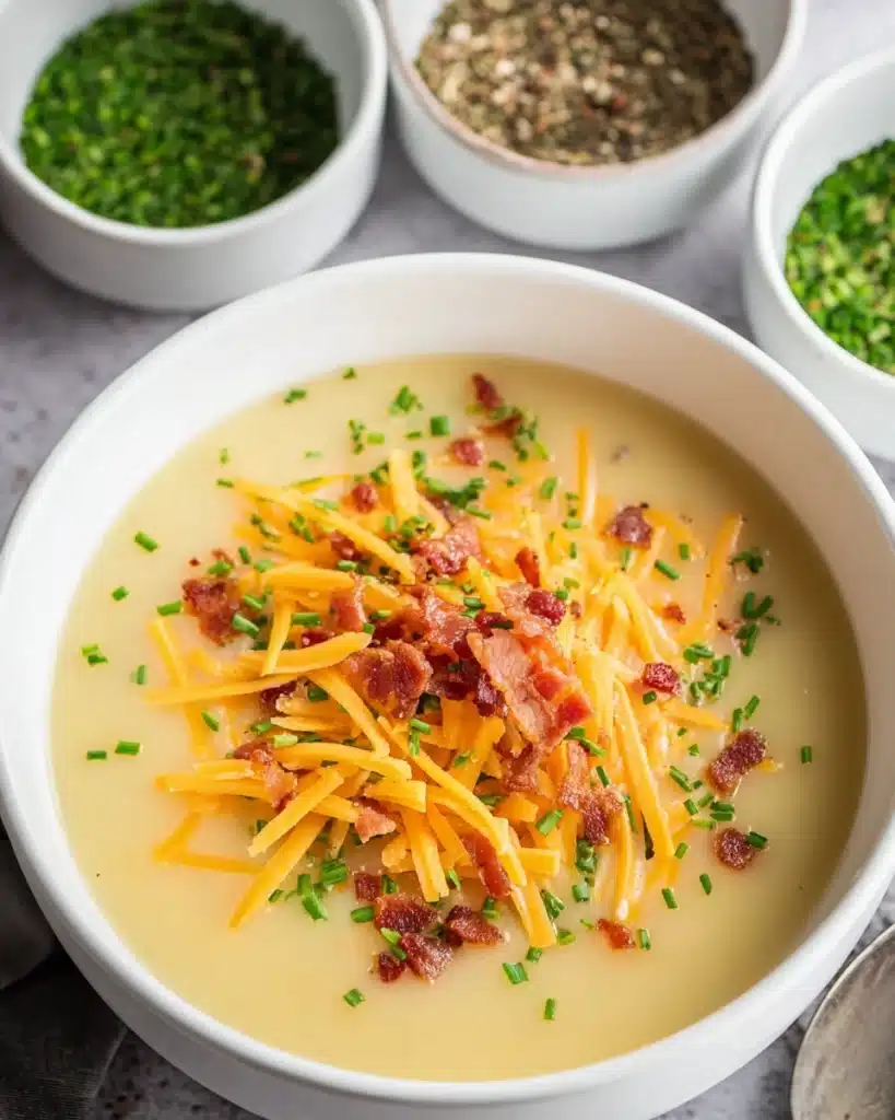 Cheddar Cheese Potato Soup Recipe 1 Cheddar cheese potato soup topped with bacon, shredded cheese, and chives