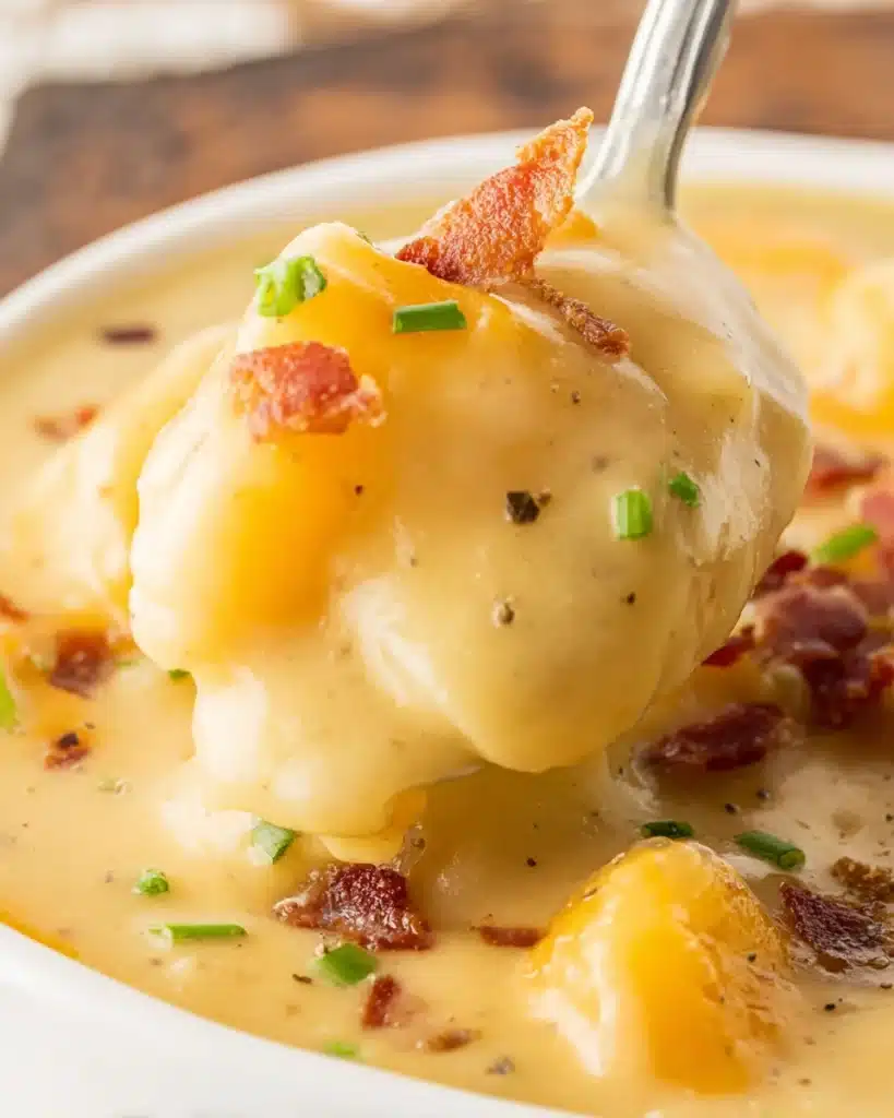 Cheddar Cheese Potato Soup Recipe 6 Spoonful of cheddar cheese potato soup with bacon and chives