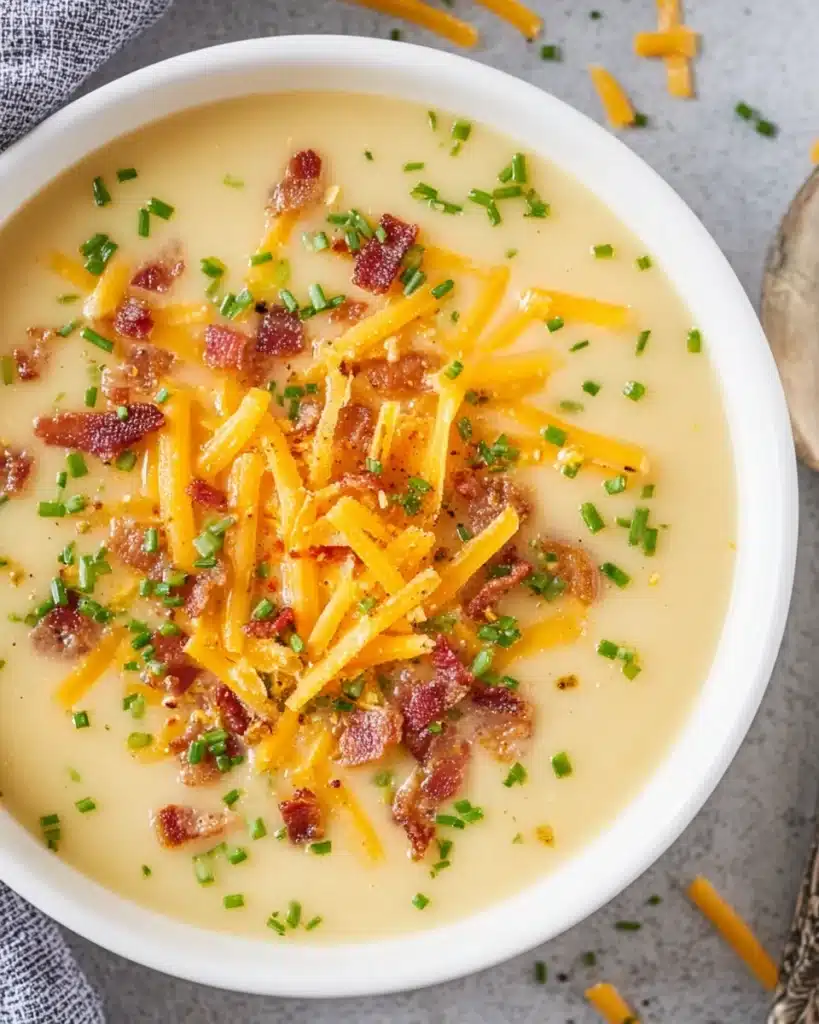 Cheddar Cheese Potato Soup Recipe 7 Creamy cheddar cheese potato soup topped with bacon, cheddar, and chives