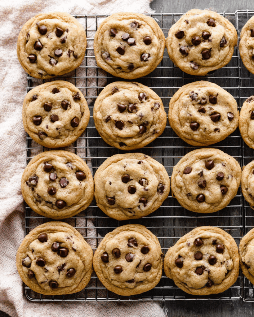 Freshly baked chewy chocolate chip cookies cooling on a rack