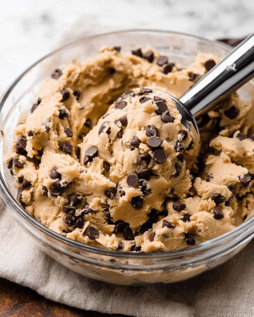 Scooping chewy chocolate chip cookie dough with a metal scoop