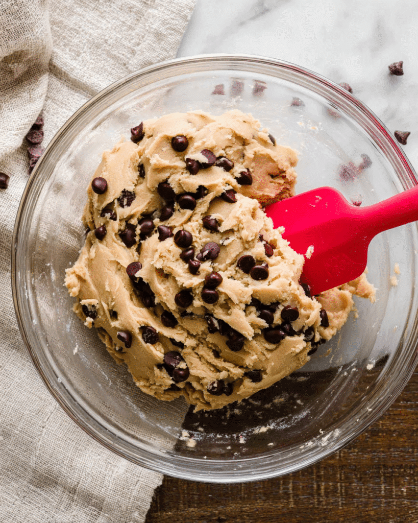 Chocolate chip cookie dough in a glass bowl with red spatula