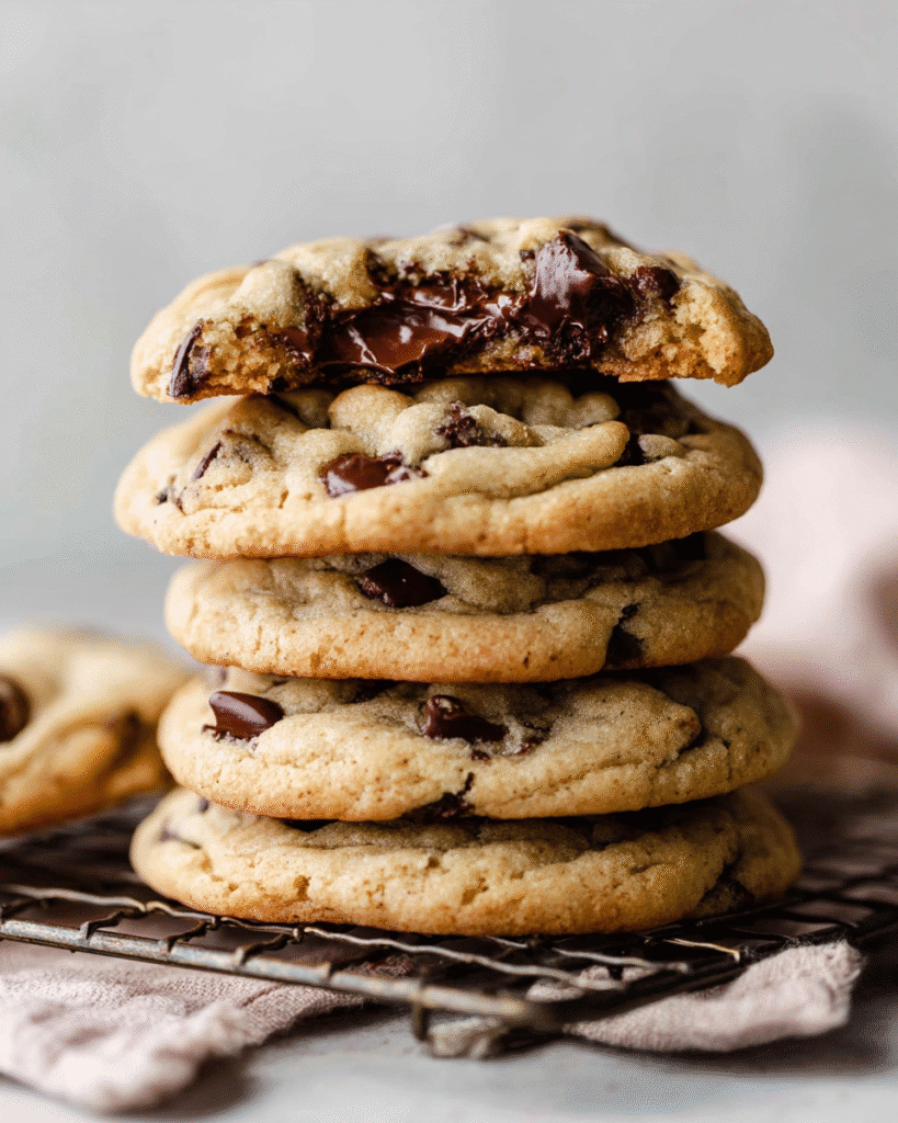 Stack of chewy chocolate chip cookies with gooey melted chocolate