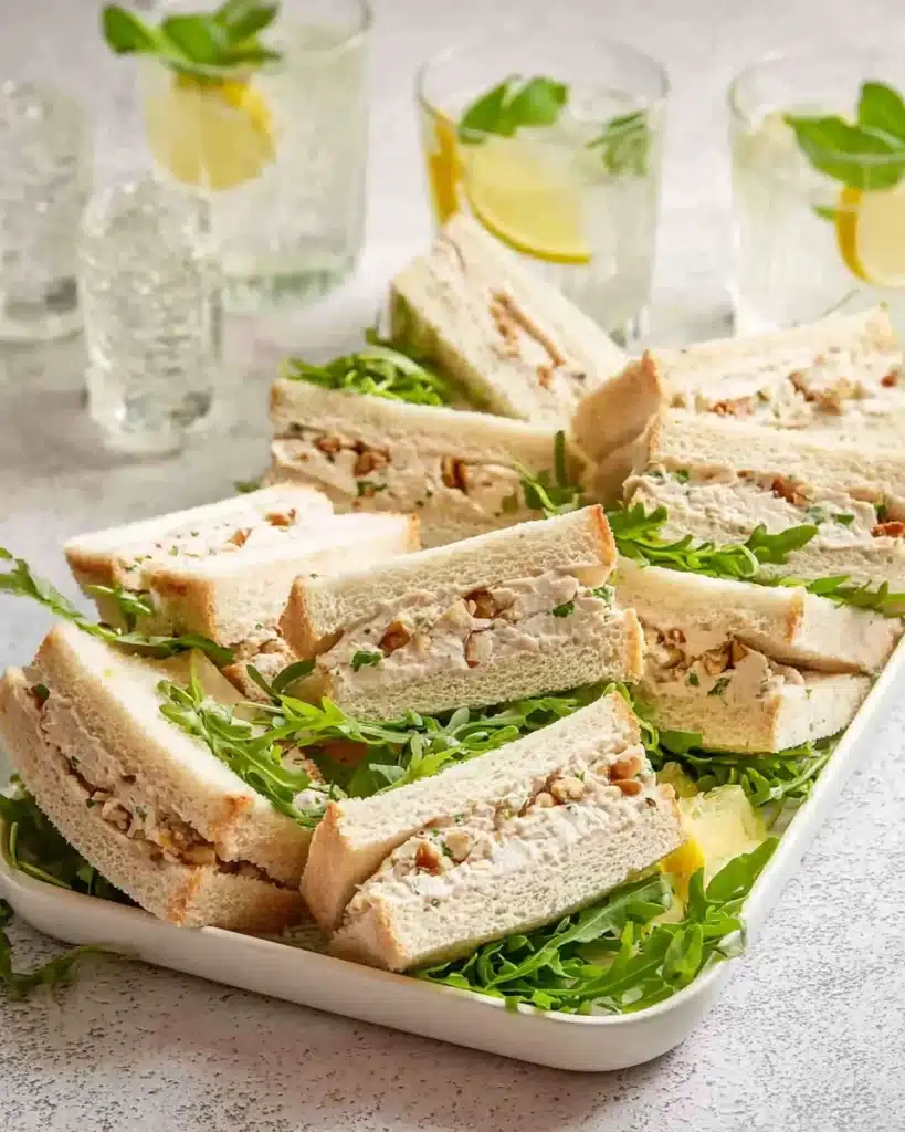 Chicken Sandwiches – Easy, Creamy, and Perfect for Lunch! 5 Platter of creamy chicken sandwiches with arugula and walnuts
