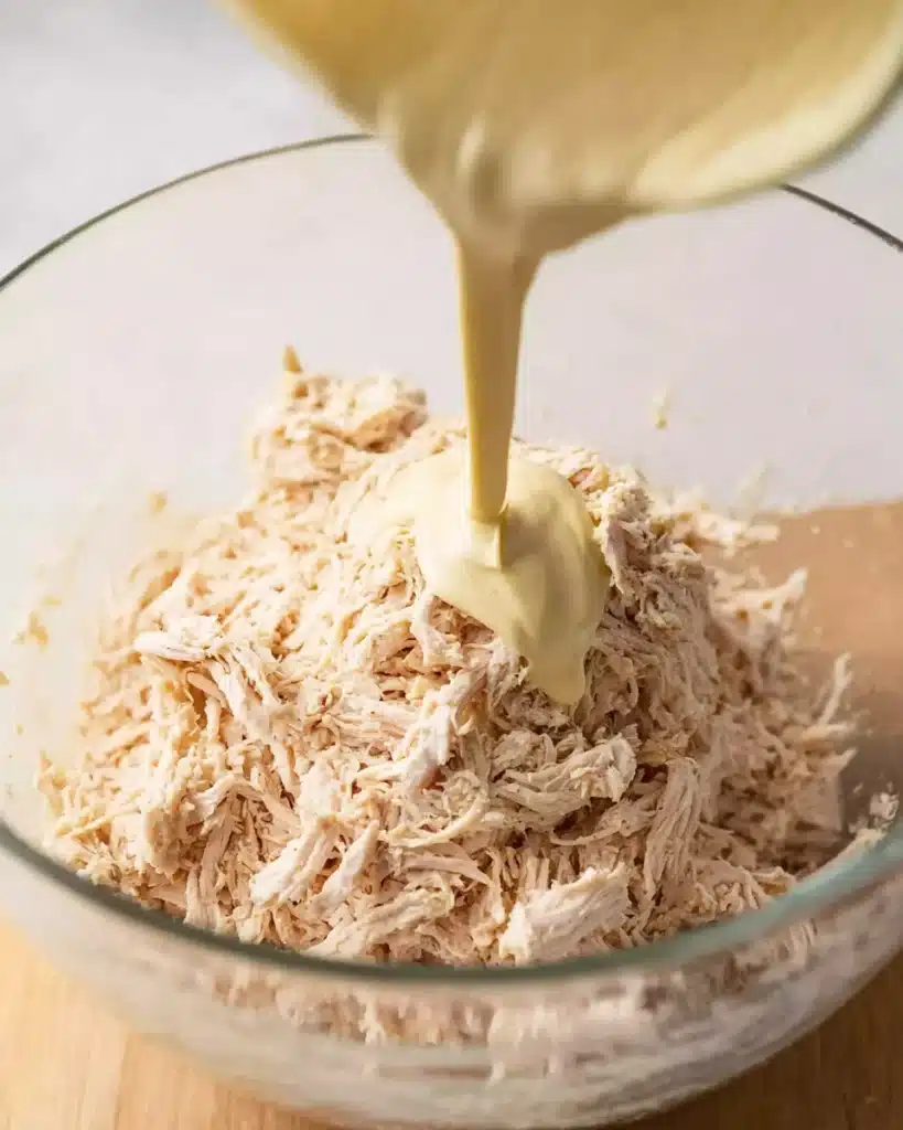 Chicken Sandwiches – Easy, Creamy, and Perfect for Lunch! 3 Pouring creamy sauce over shredded chicken in glass bowl