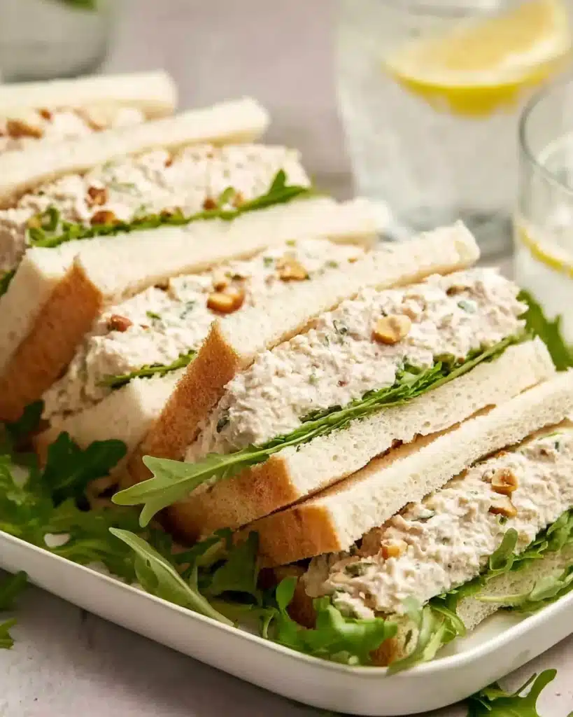 Chicken Sandwiches – Easy, Creamy, and Perfect for Lunch! 1 Chicken sandwiches on white platter with arugula and creamy filling