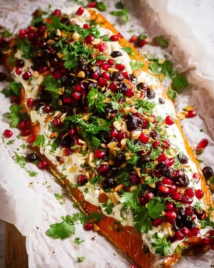 Christmas Baked Salmon (Festive, Make-Ahead & Crowd-Pleasing) 1 Festive baked salmon with dill sauce, cranberries, pomegranate, almonds, and parsley