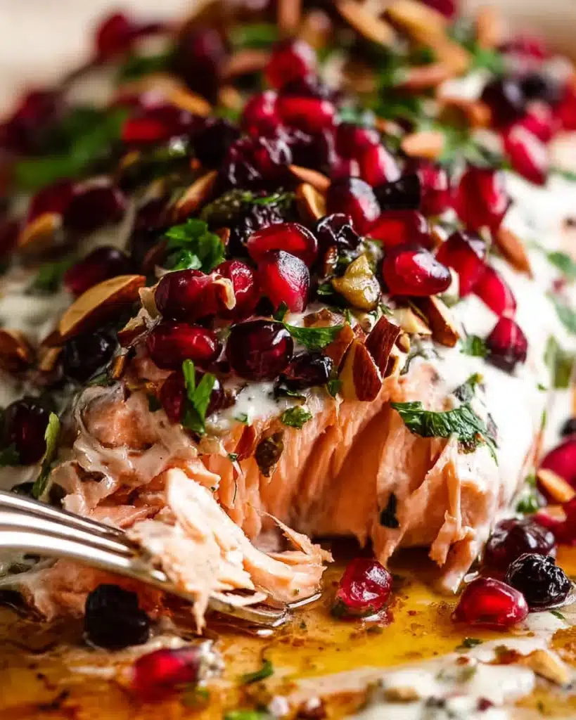 Christmas Baked Salmon (Festive, Make-Ahead & Crowd-Pleasing) 6 Flaky Christmas baked salmon being served with pomegranate, dill sauce, and cranberries