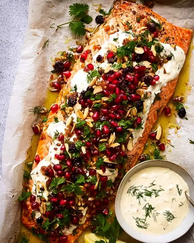 Christmas Baked Salmon (Festive, Make-Ahead & Crowd-Pleasing) 5 Christmas baked salmon topped with dill sauce, cranberries, almonds, and pomegranate
