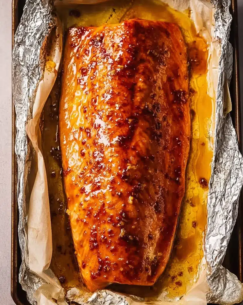 Christmas Baked Salmon (Festive, Make-Ahead & Crowd-Pleasing) 4 Golden baked salmon with honey butter glaze on parchment and foil