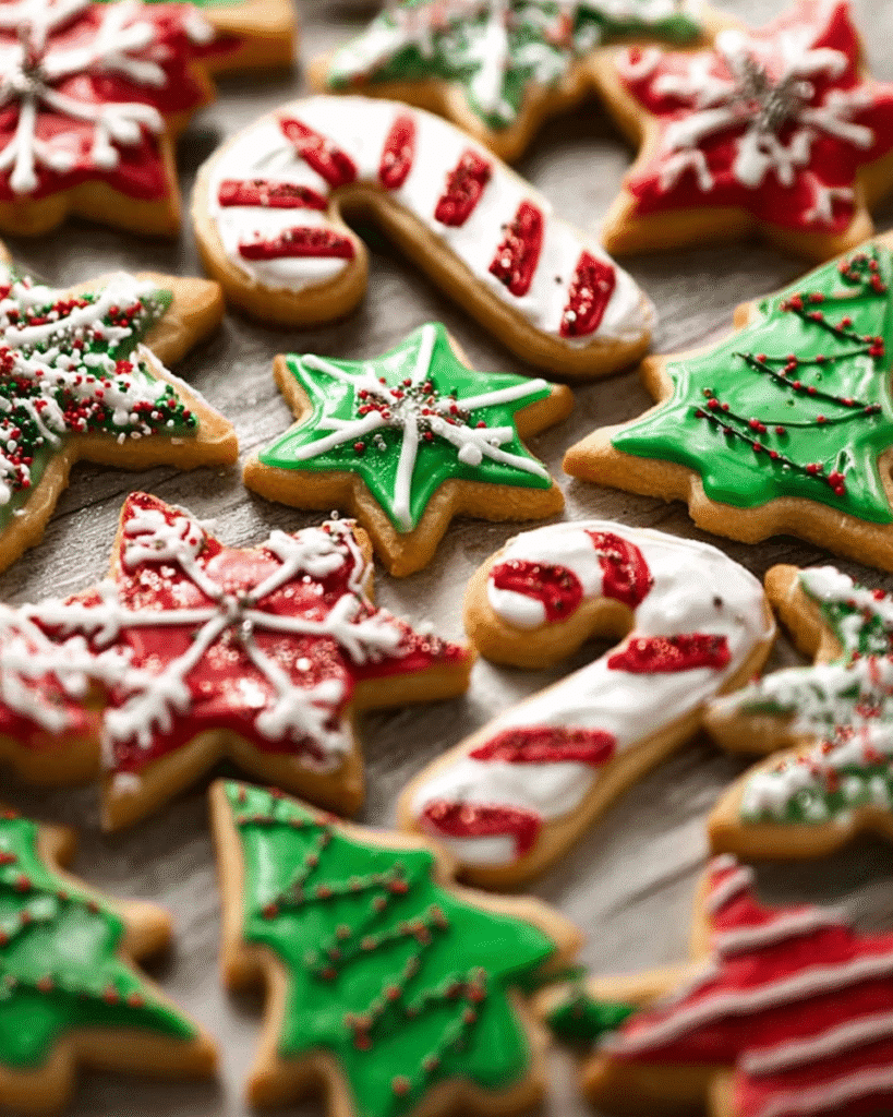 Decorated Christmas cookies with icing in red, green, and white