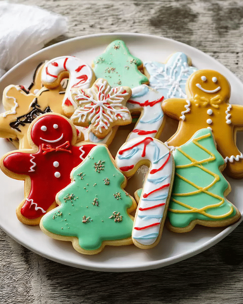 Plate of decorated Christmas cookies with gingerbread men, trees, and candy canes