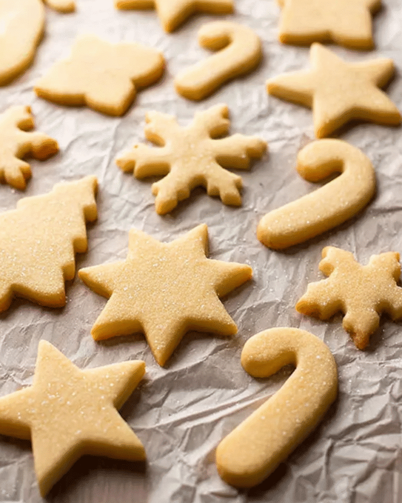 Plain Christmas cookies cut into festive shapes ready for baking