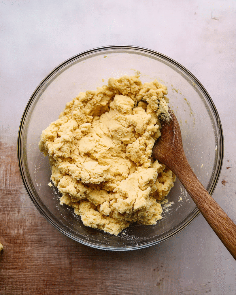 Golden Christmas cookie dough in a glass bowl with a wooden spoon