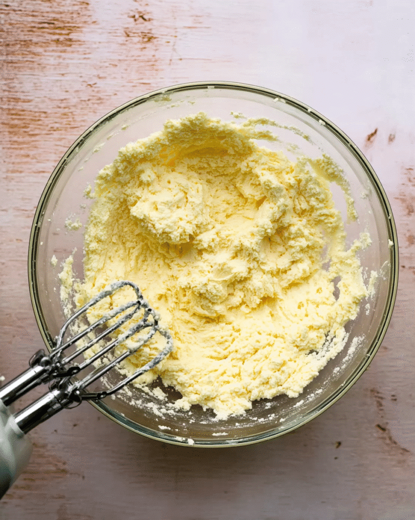 Creamed butter and sugar mixture for Christmas cookies in a glass bowl