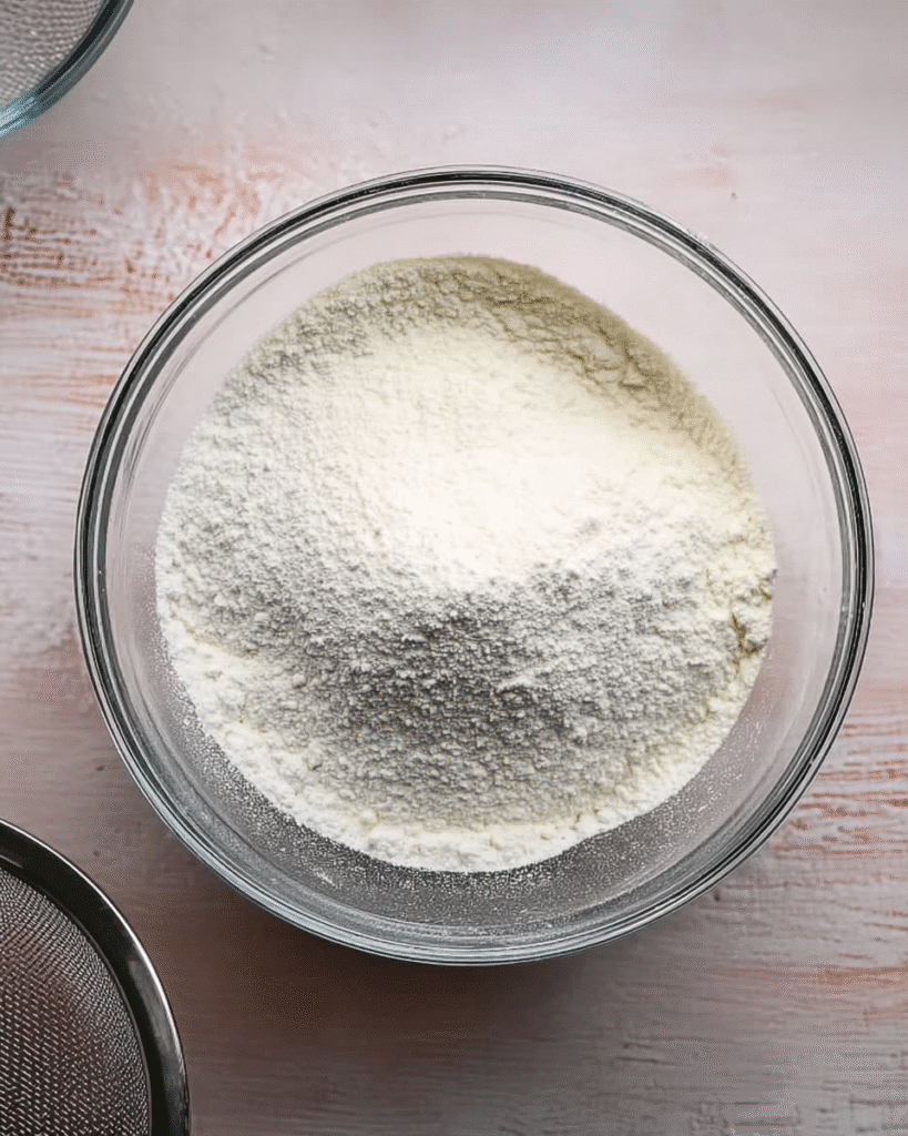 Sifted flour in a glass bowl for Christmas cookie dough