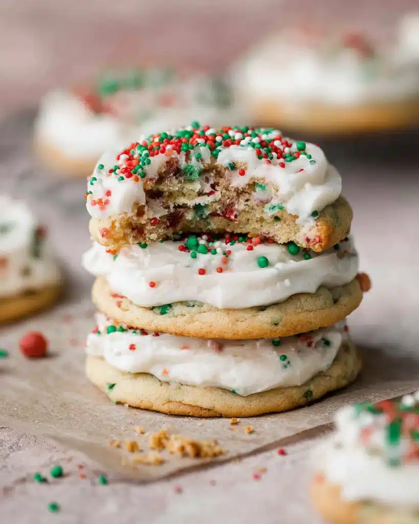 Christmas Sprinkle Cookies 1 Stack of frosted Christmas cookies with sprinkles and a bite taken