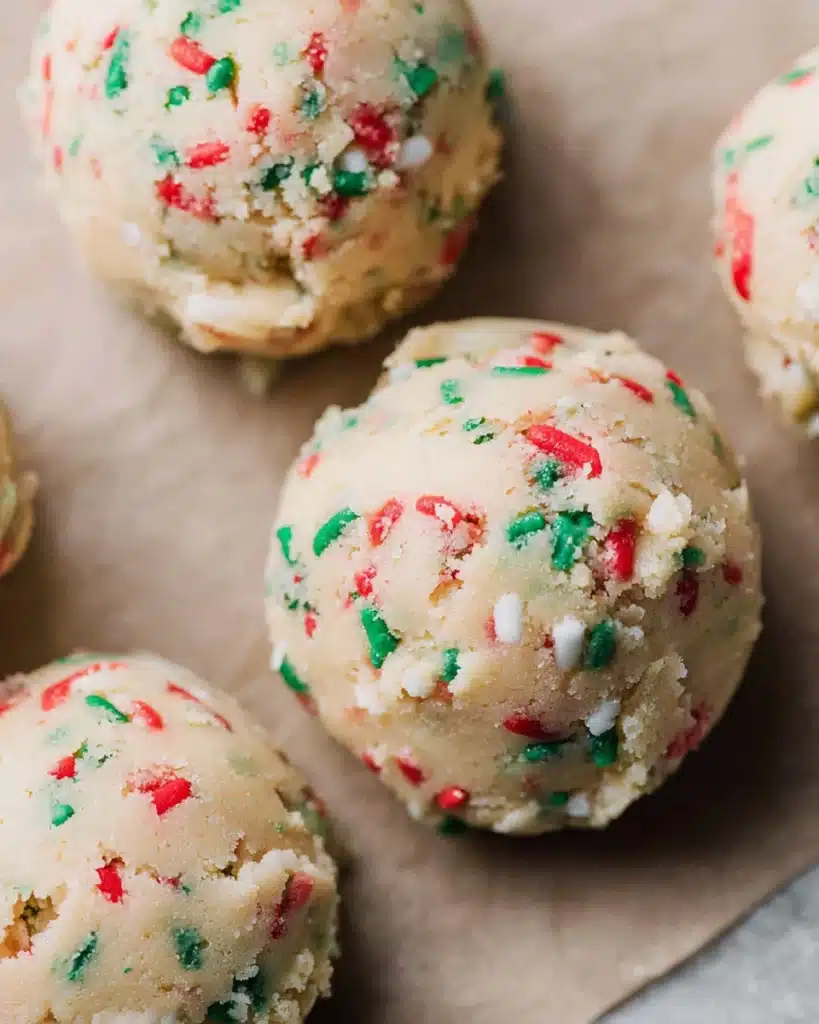 Christmas Sprinkle Cookies 5 Scoops of unbaked Christmas sprinkle cookie dough on parchment paper