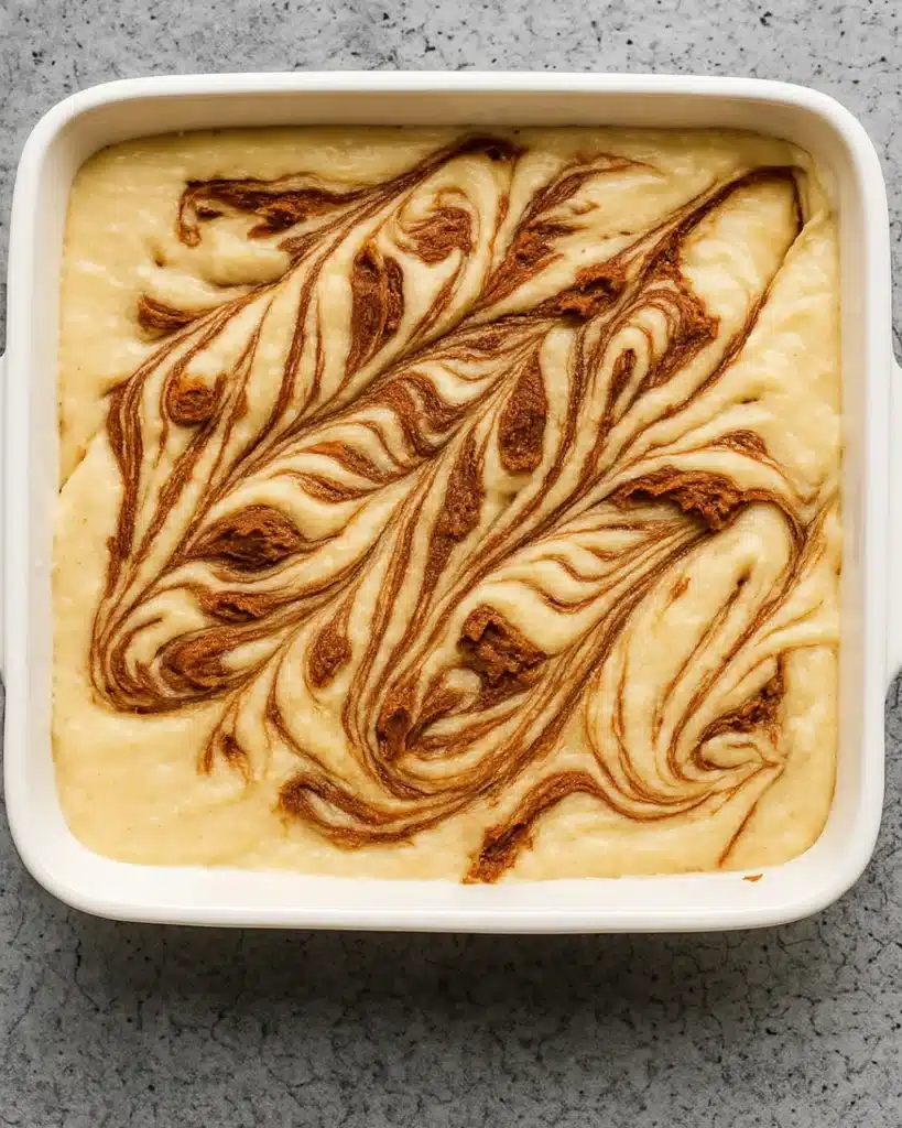 Cinnamon Roll Cake with Cream Cheese Frosting batter swirled with cinnamon sugar filling