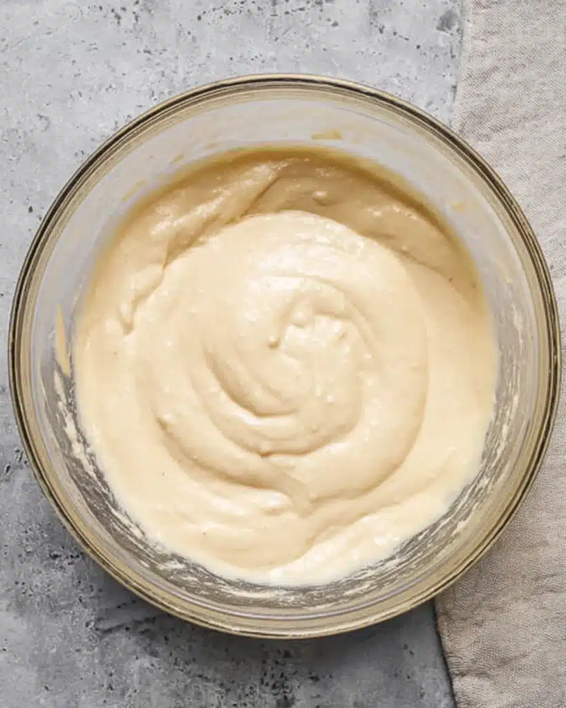Smooth cake batter for Cinnamon Roll Cake with Cream Cheese Frosting in glass bowl
