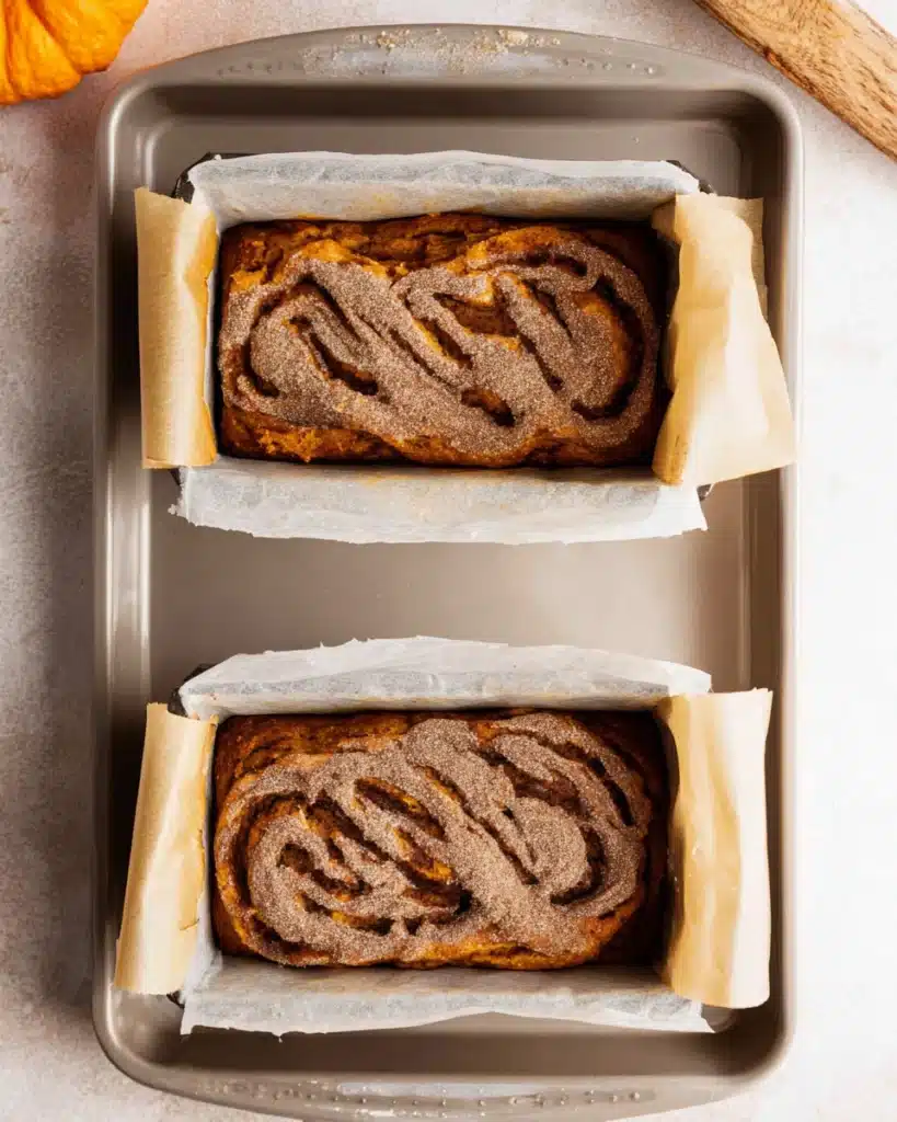 Cinnamon Swirl Pumpkin Bread Recipe 6 Pumpkin bread batter in loaf pans with cinnamon sugar swirl topping