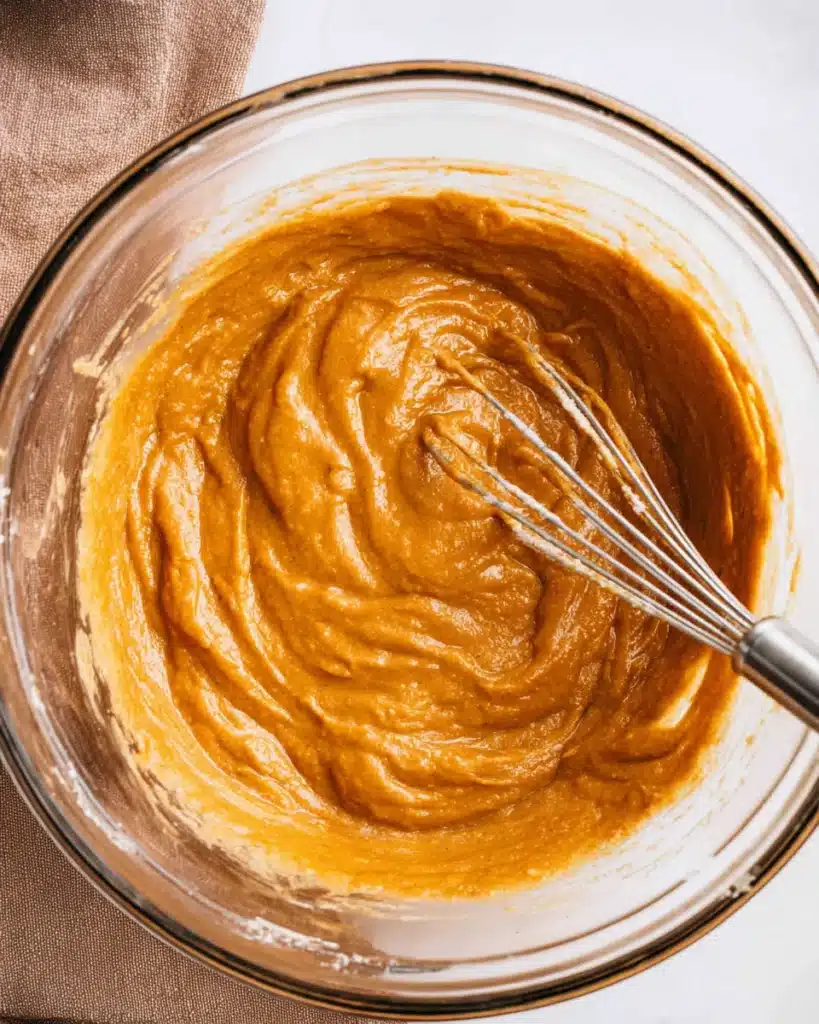 Cinnamon Swirl Pumpkin Bread Recipe 5 Thick pumpkin bread batter in a glass bowl with whisk
